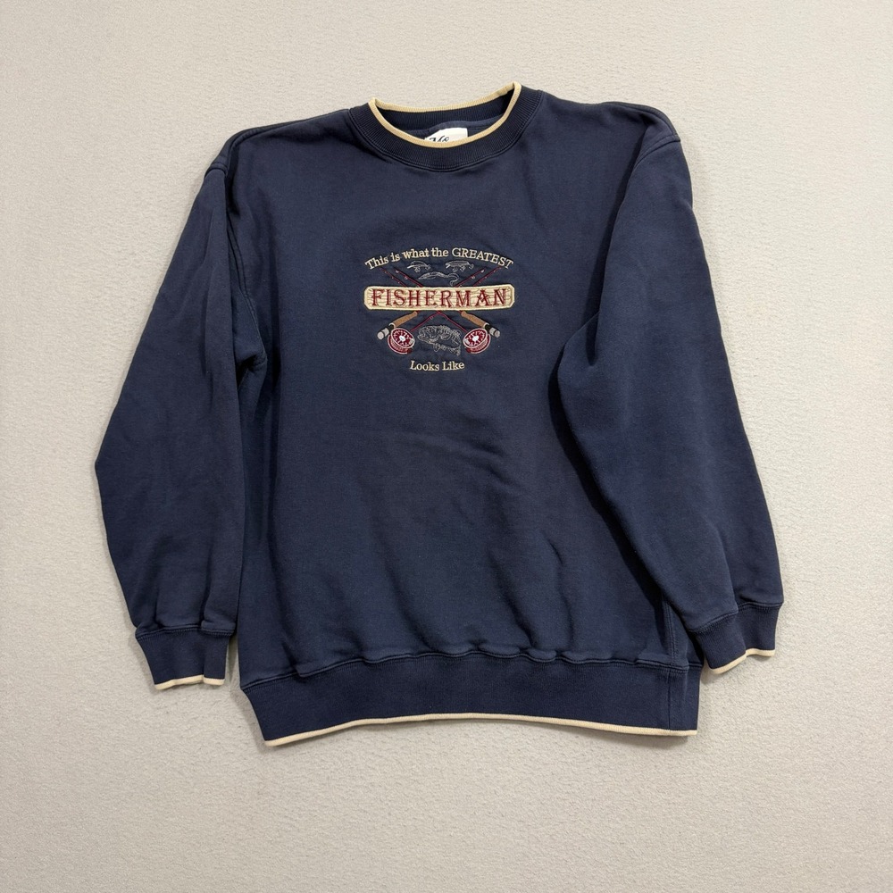 Vintage Mc Sport Sweatshirt Large Navy Blue Fisherman Graphic Crewneck Pullover